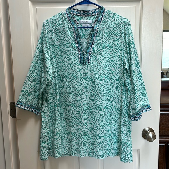 Foxcroft for Appleseed’s Wrinkle Free Y-neck Tunic green white mosaic cotton 14P - Picture 3 of 16